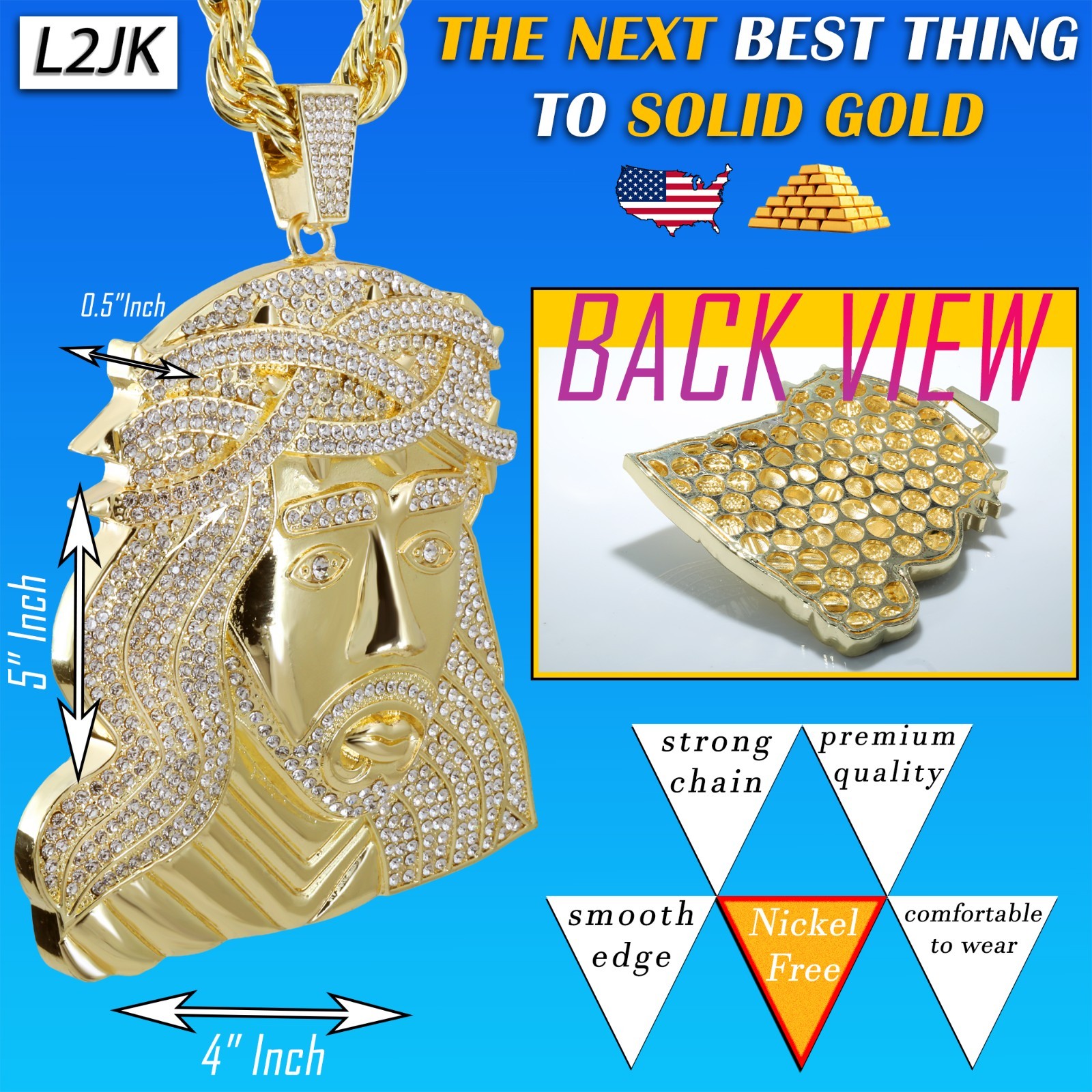 14K Rope Chain 10mm 24″ & 30″In | Curly Jesus Face Head Gold Plated XXL Hip Hop