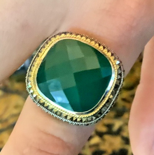 Sterling Silver Green Agate Marcasite Ring, Size 8