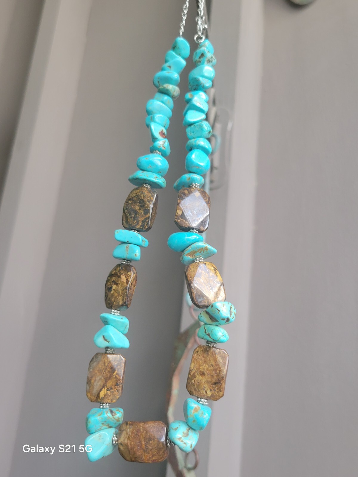 Turquoise-Bronzite Necklace 20″ Long Boho Chic Artisan Made Adjustable OOAK