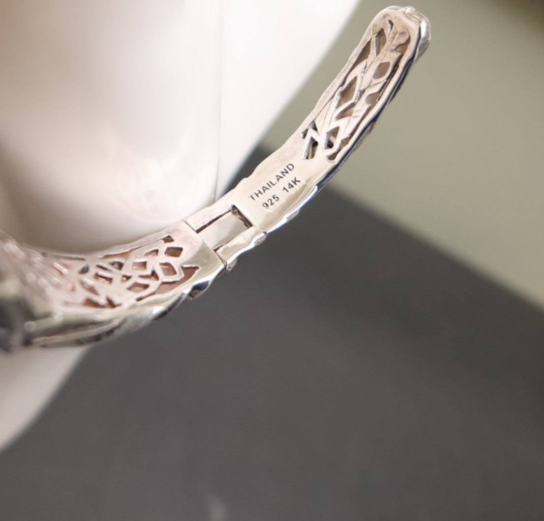 Jai bracelet elephant 925 sterling silver 14K gold hinged cuff garnets Sz 6.75in