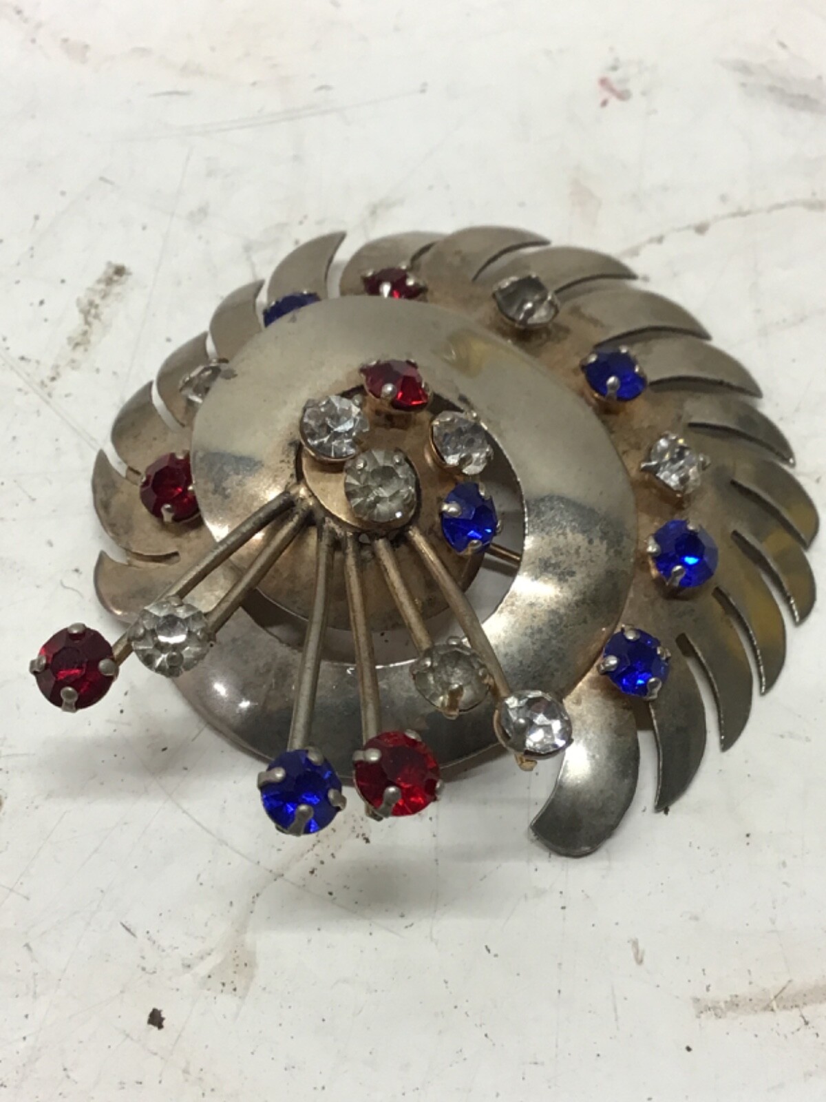 Vtg Sterling Silver Pinwheel Brooch w/ Red White & Blue Rhinestone Decoration