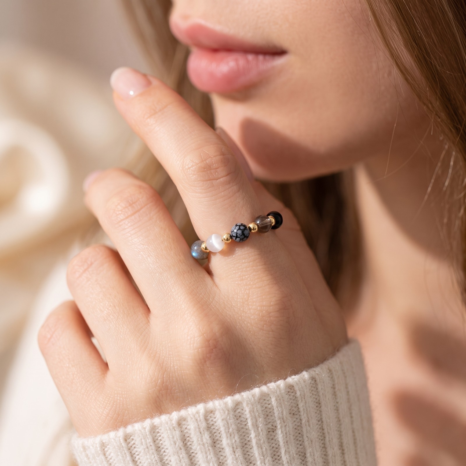 Moon Phase Beaded Stretch Ring Natural Labradorite Obsidian Selenite Tourmaline