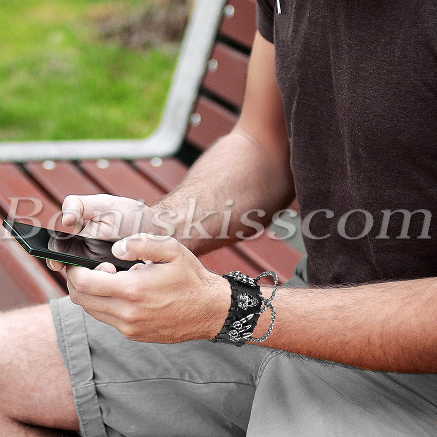 Gothic Mens Punk Black Leather Skull Bullet Chain Bracelet Wristband Bangle Cuff
