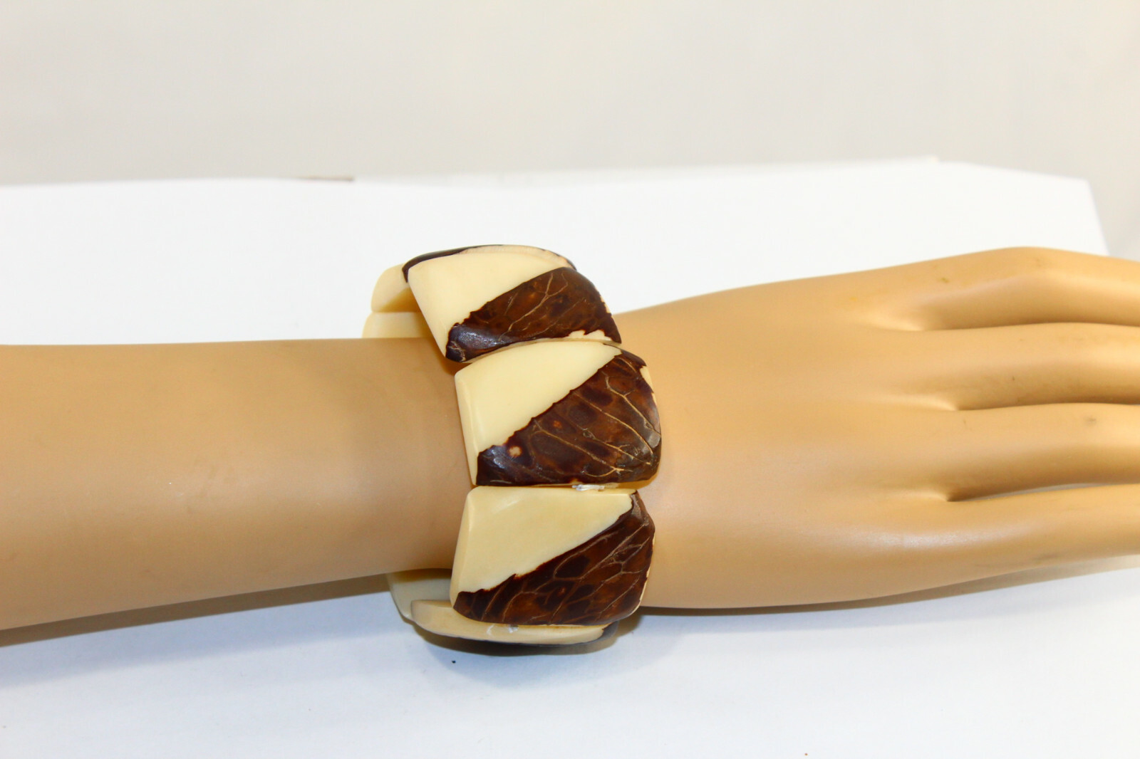 Wide Dark Brown White Cream Plastic Stretch Bracelet Thick Statement Jewelry