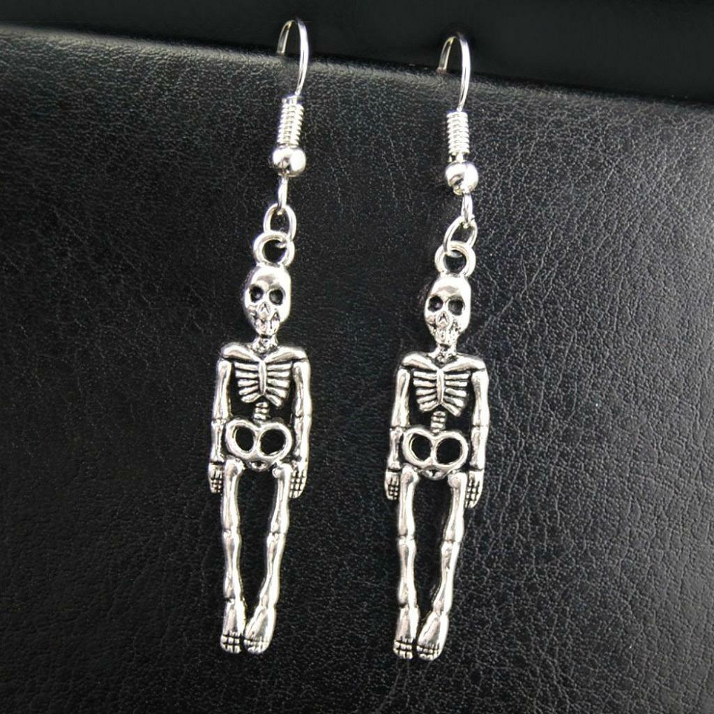 SKELETON EARRINGS 2.4″ Halloween Skull Drop Dangle Stainless Steel Ear Wires NEW