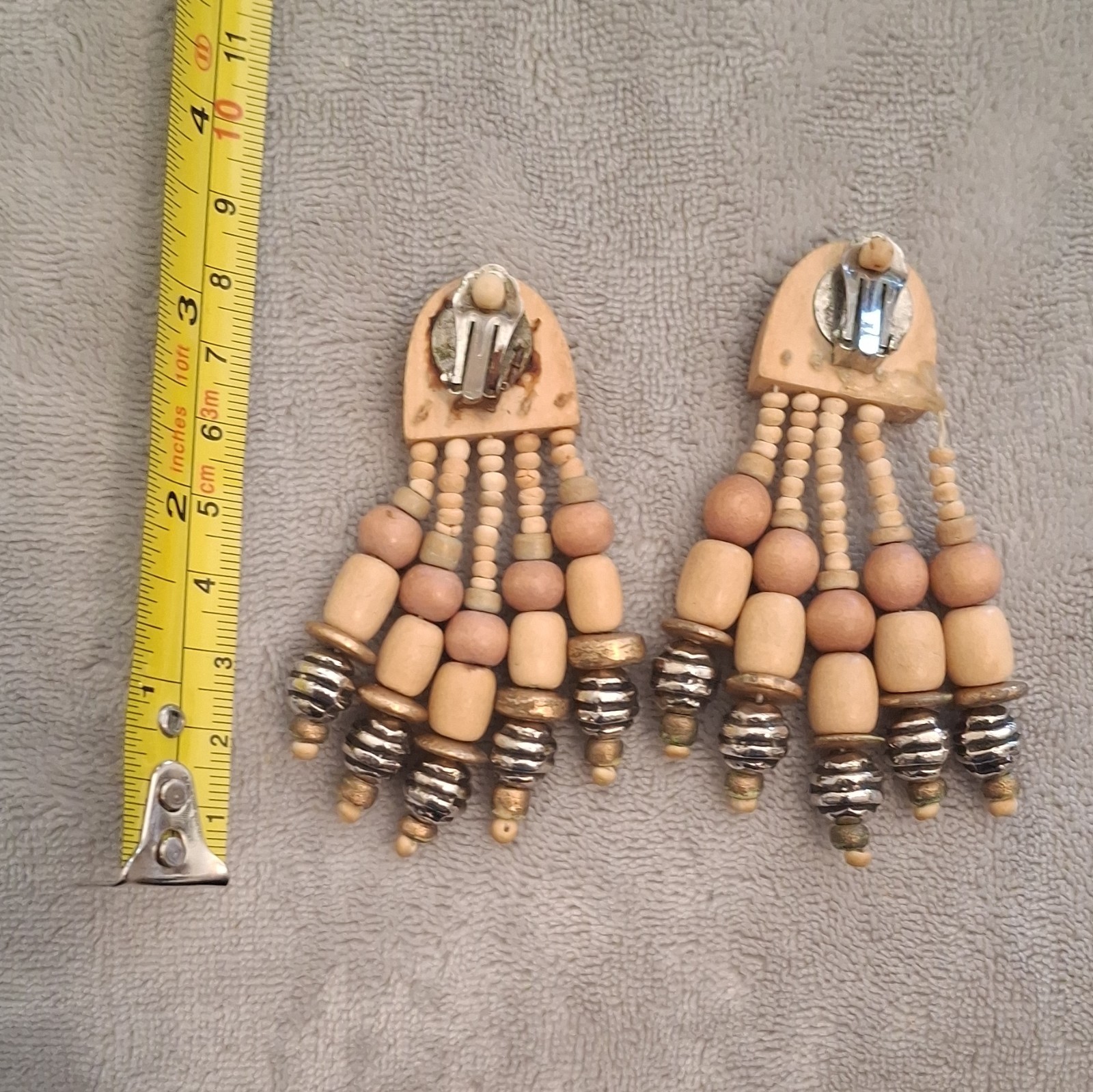Beige Beaded Clip-On Dangle Earrings Wood Metal No Stone 2.8 in