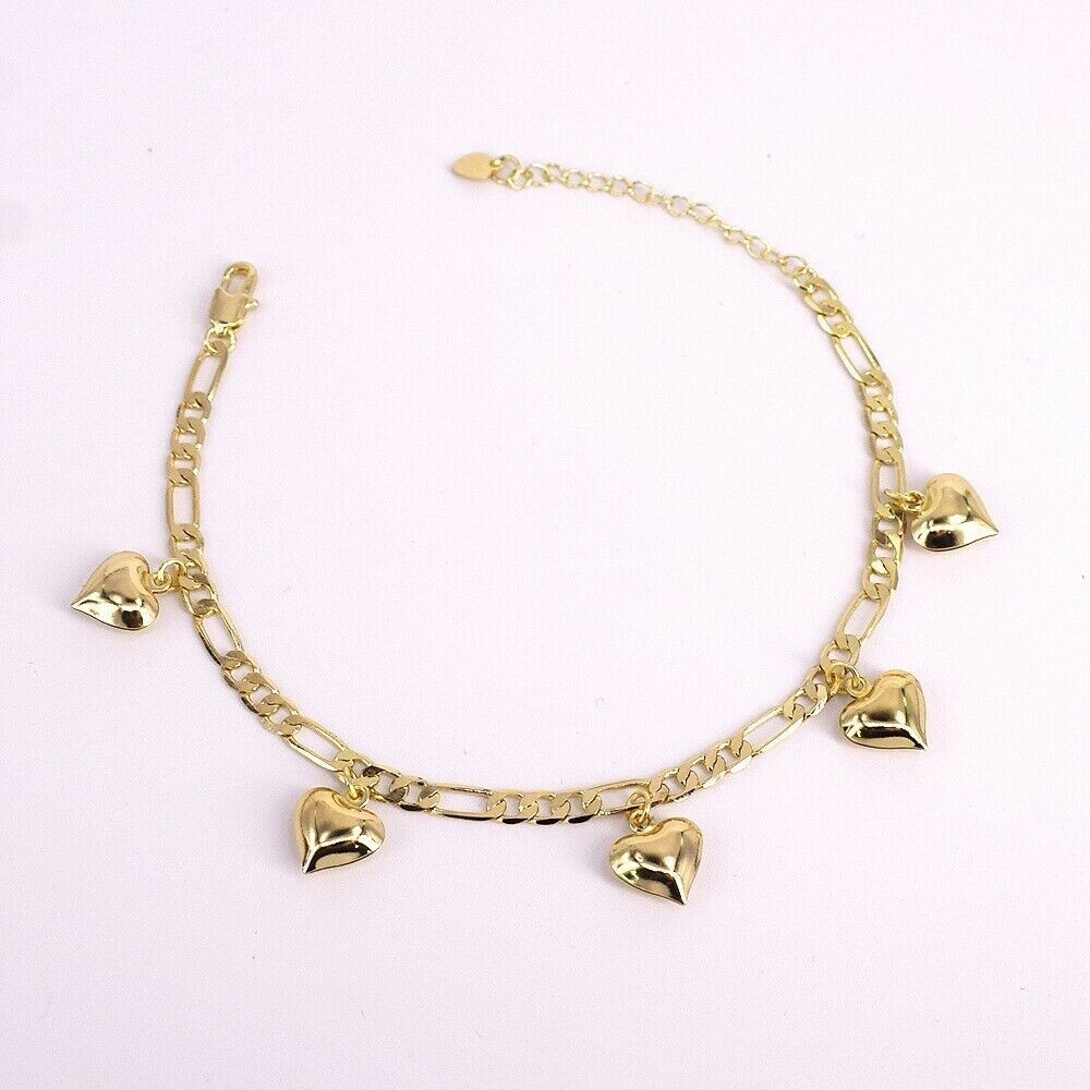 18k Layered Real Gold Filled Anklet Bracelet With Hearts Charms 10 inches