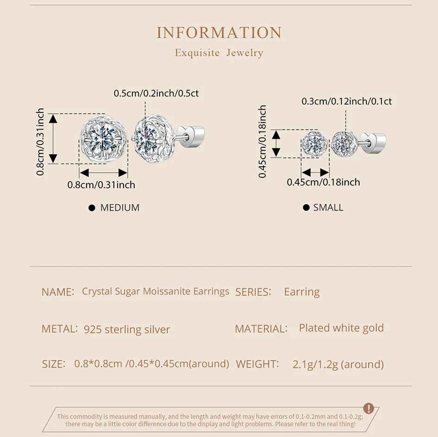A House Of Jewelry D VVS1 Moissanite Crystal Sugar Stud Earrings 925 Silver GRA