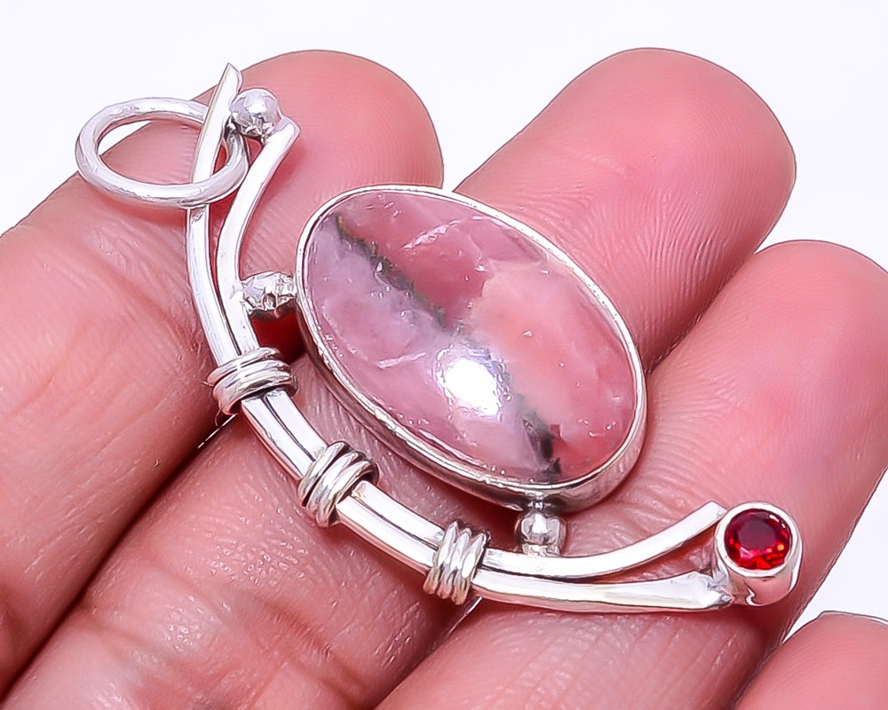 Rhodochrosite – Argentina & Red Garnet 925 Sterling Silver Pendant 1.95″ P46
