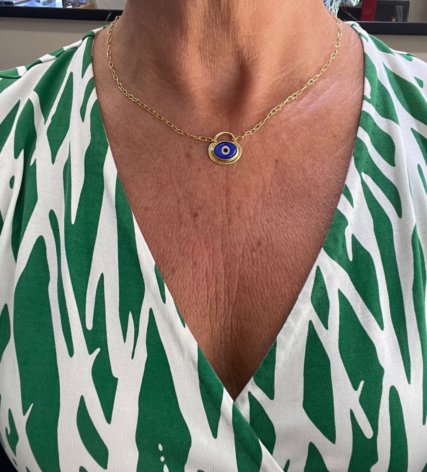 18k Yellow Gold Blue Evil Eye GREEK PADLOCK PAPERCLIP LINK 18″ CHAIN NEW