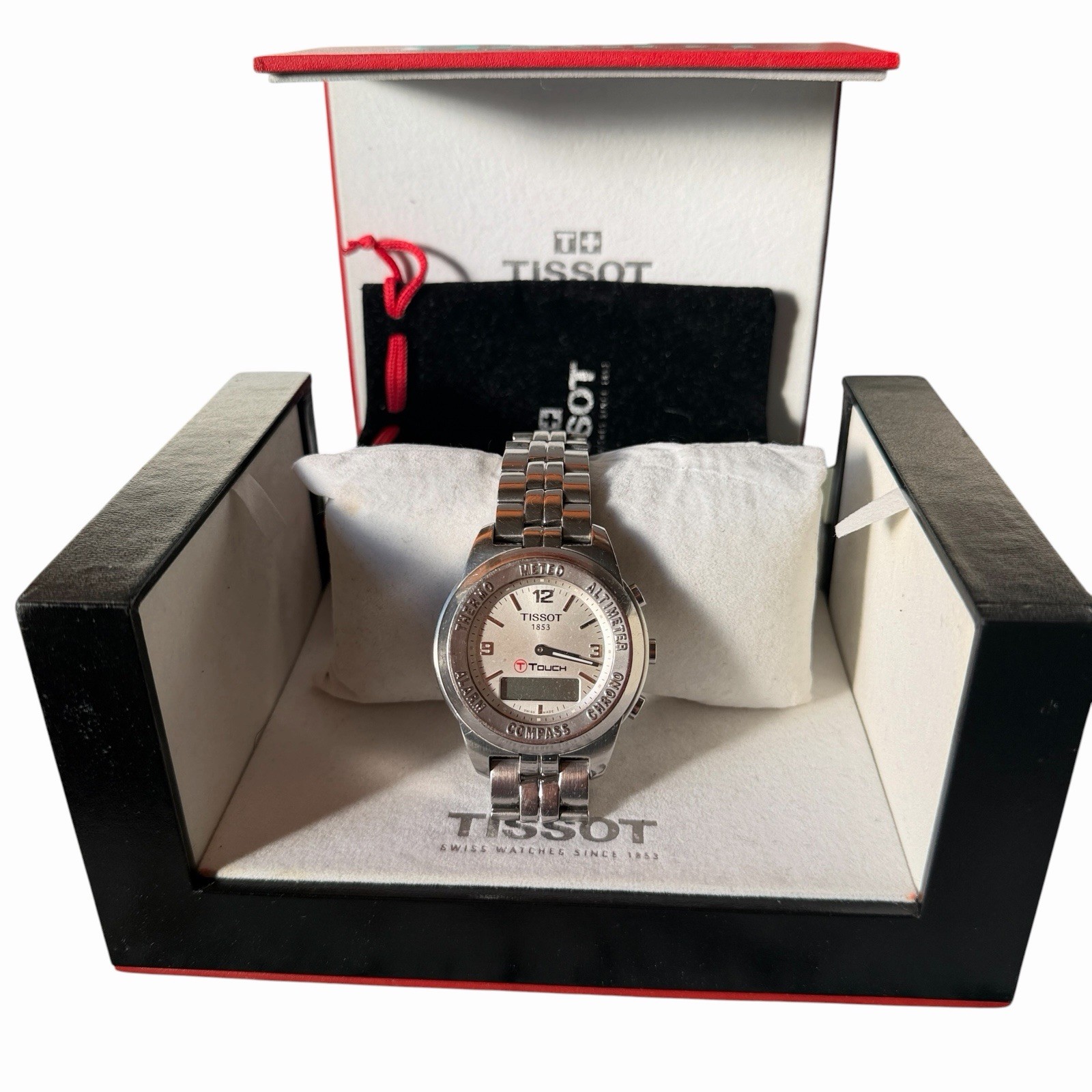 Tissot T-Touch Mens Vintage Watch 38mm Stainless Steel Analog Digital Box Set