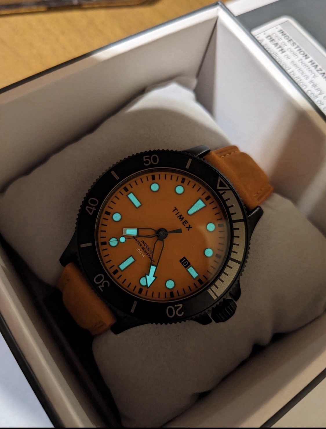 Timex Navi XL Quartz 43mm 100m Orange Dial Date Black Case Brown Strap w/Box