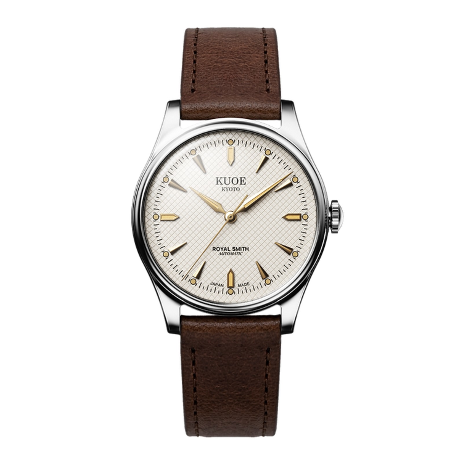 Kuoe Royal Smith 90-006 Automatic Silver Watch Men Ivory Waffle Dial Dark Brown
