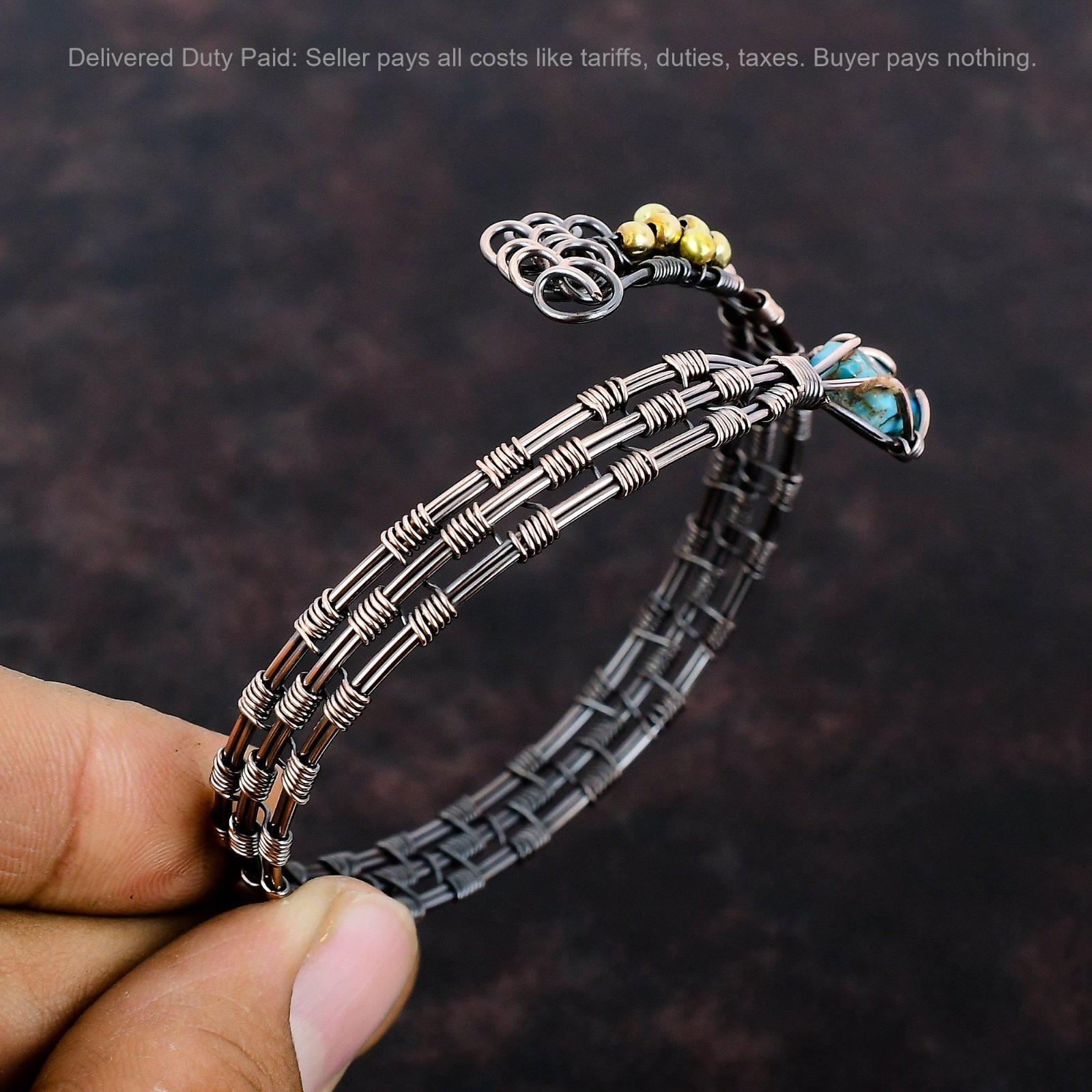 Hexagon Natural Copper Blue Turquoise Sister Wire Wrapped Elegant Bangle Copper