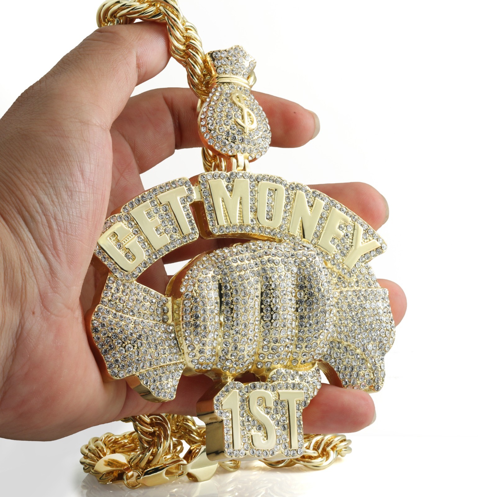 14K Rope Chain 10mm 24″ & 30″ | Get Bag Money Sign Gold Plated Men XXL Hip Hop