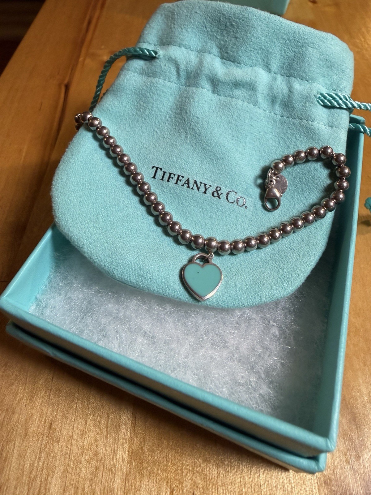 Tiffany & Co. 925 Sterling Silver Ball Bead Necklace Blue Enamel Heart Charm