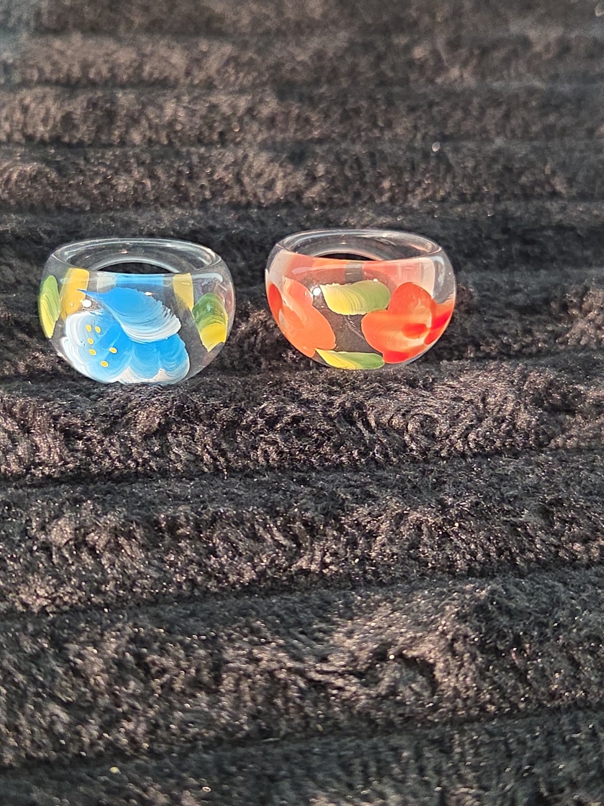 5 Plastic Resin Rings Multicolor Flower Ring Clear Band Handmade Painted Size 9