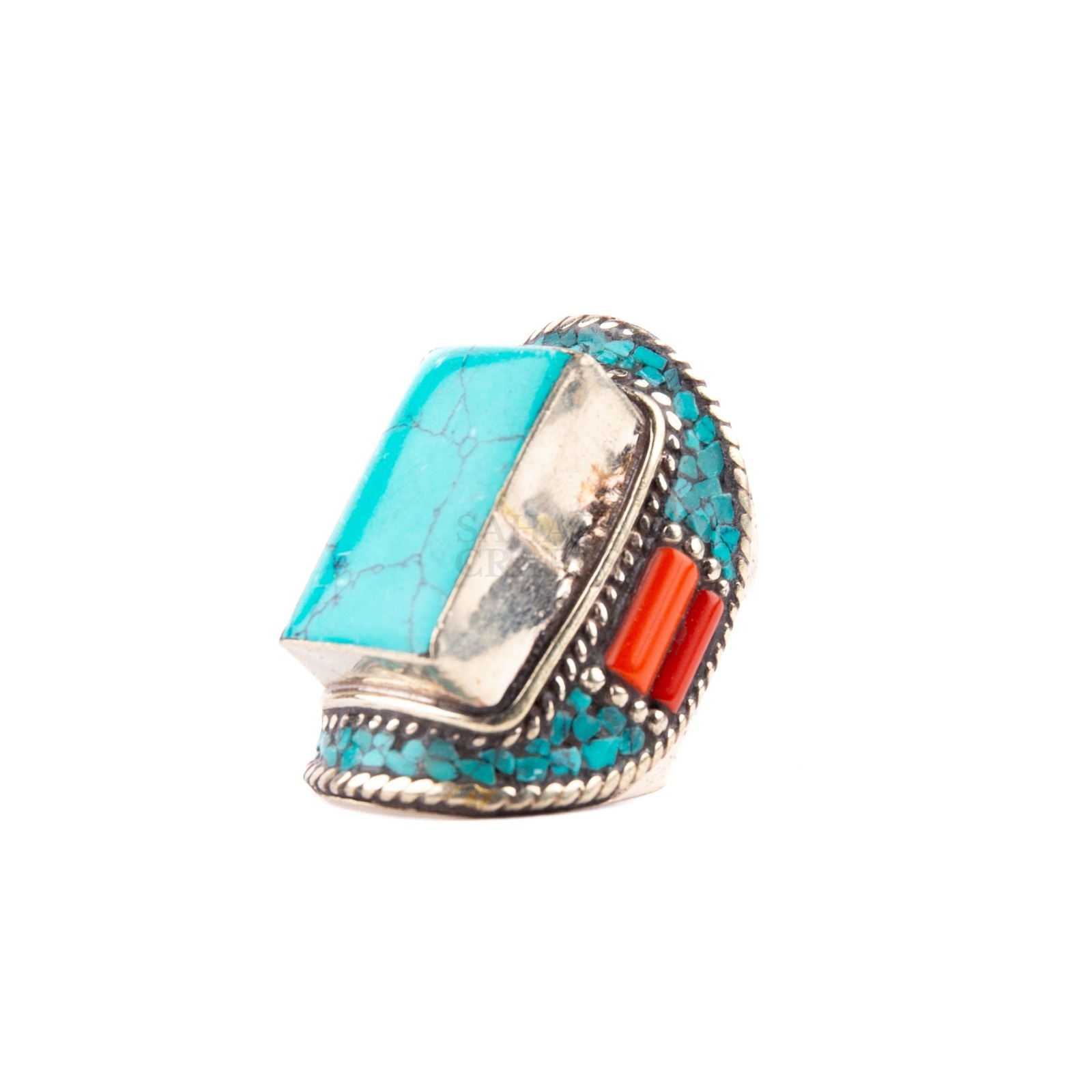 Tibetan Ring, Red Coral Turquoise Stone, Traditional Tibetan Bead Jewelry, US9.5