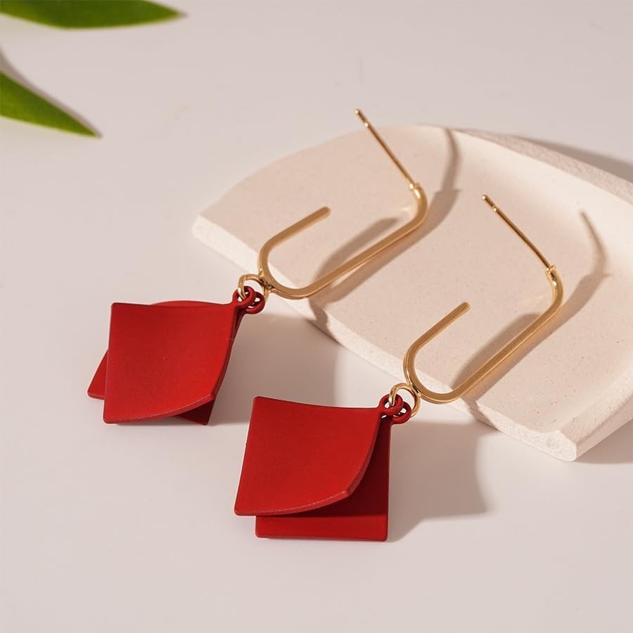Minimalist Red Rhombic Drop Earrings – Lightweight & Stylish for Every Occasion