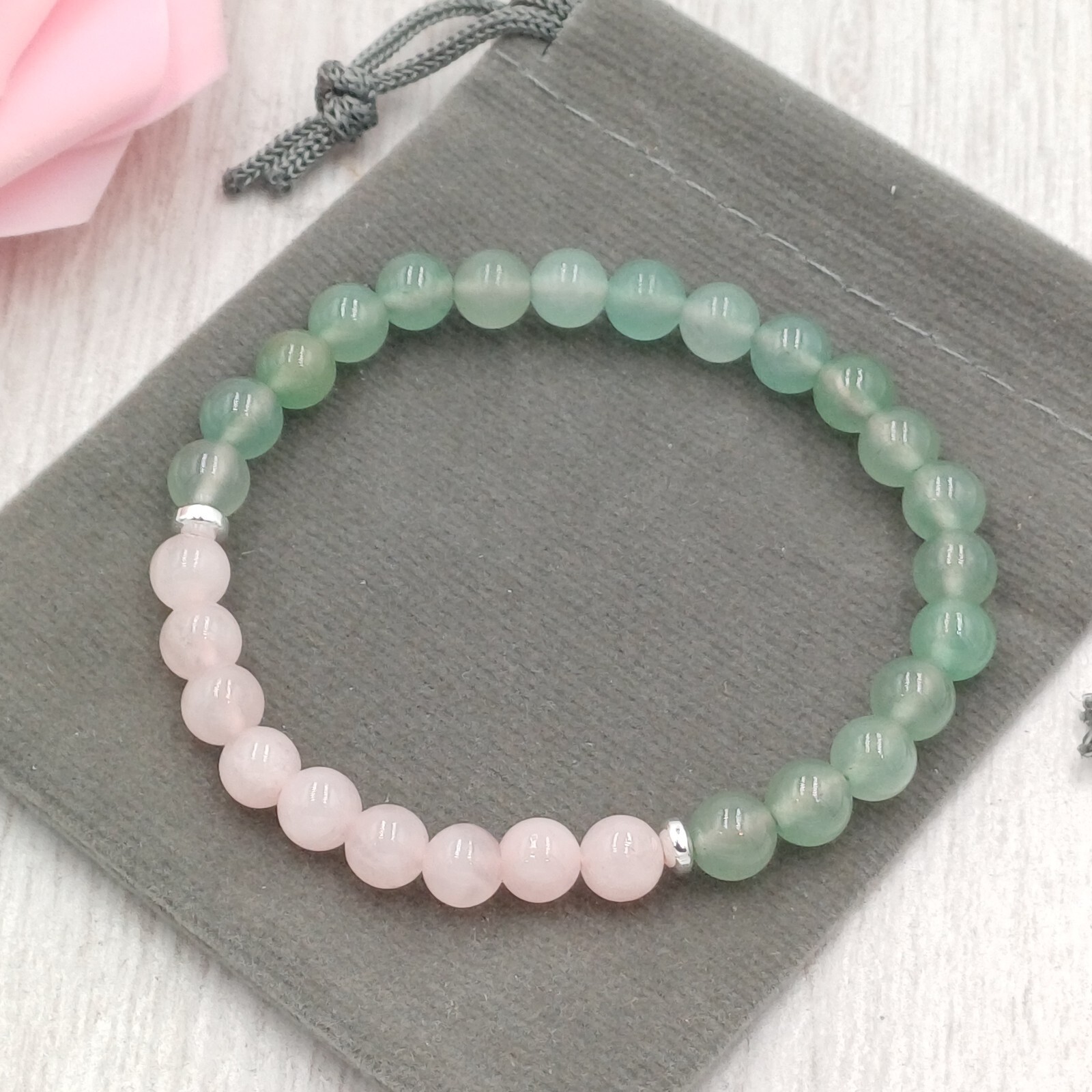 ROSE QUARTZ & AVENTURINE Handmade Crystal Healing Gemstone Stretch Bracelet.