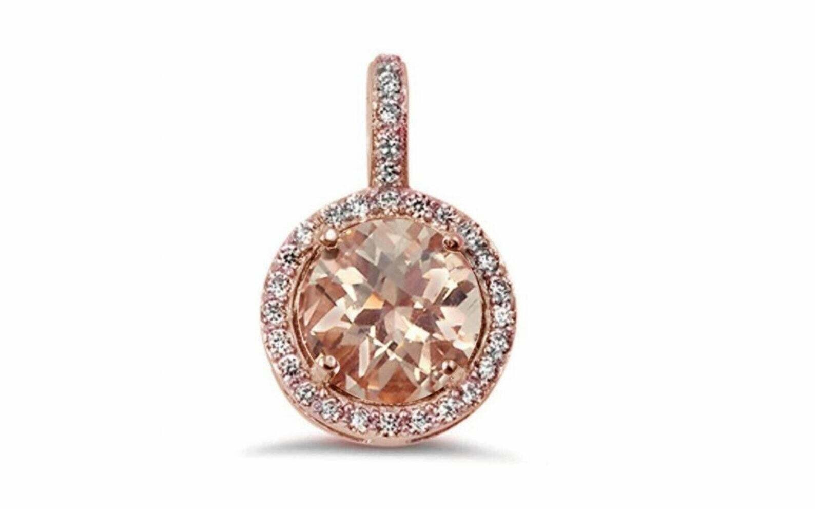 2Ct Round Cut Morganite Diamond Halo Pendant 14K Rose Gold Finish 18″ Free Chain