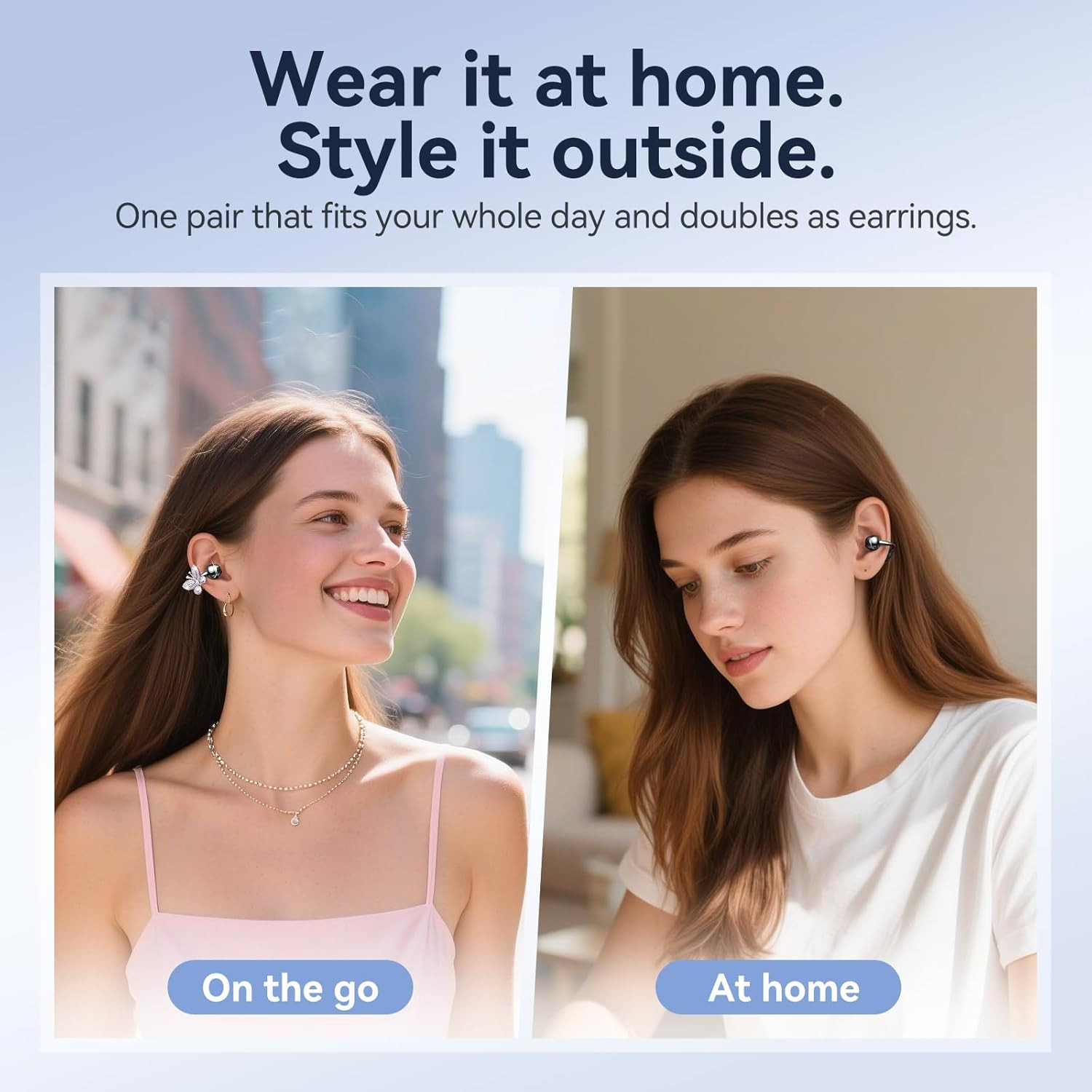 Jewelry-Inspired Clip-On Earbuds with Butterfly Earrings, Comfortable Fit & 50H