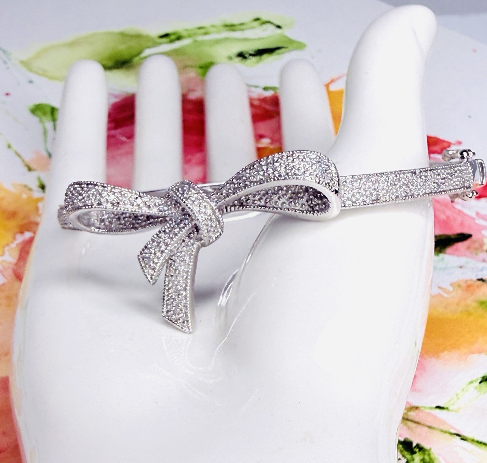 925 Pave Diamonds Bow Knot Hinged Bangle Bracelet Elegant Feminine