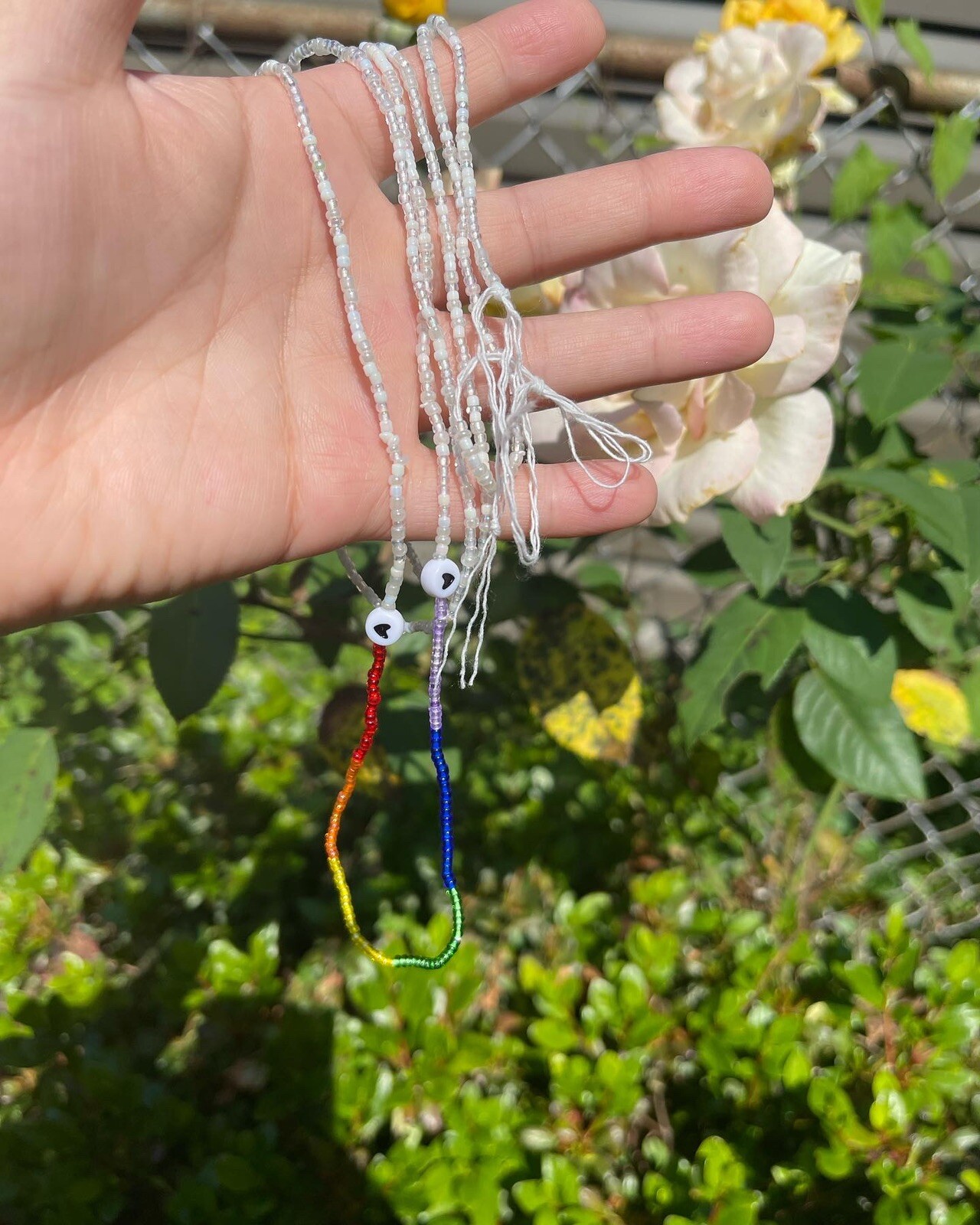 Single strand Handmade tie-on cotton thread waist beads 50” White and rainbow 