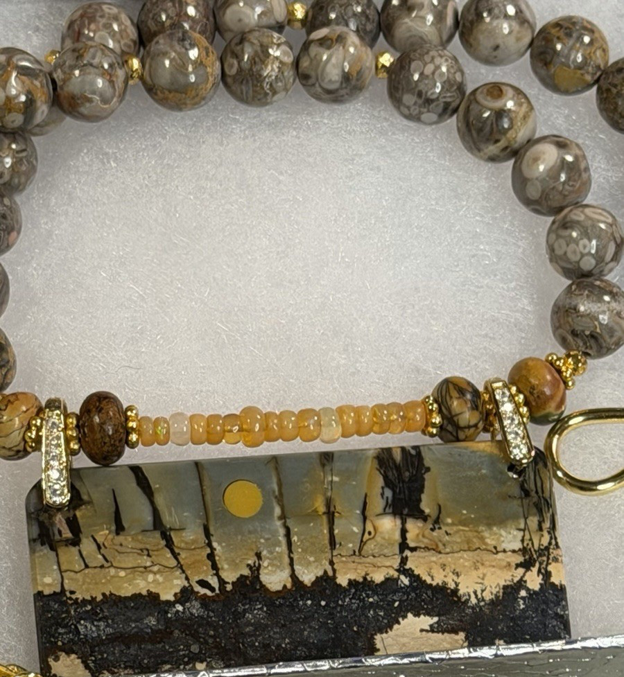 CHERRY CREEK JASPER PENDANT WITH CRINOID FOSSIL & ETHIOPIAN OPAL BEAD NECKLACE