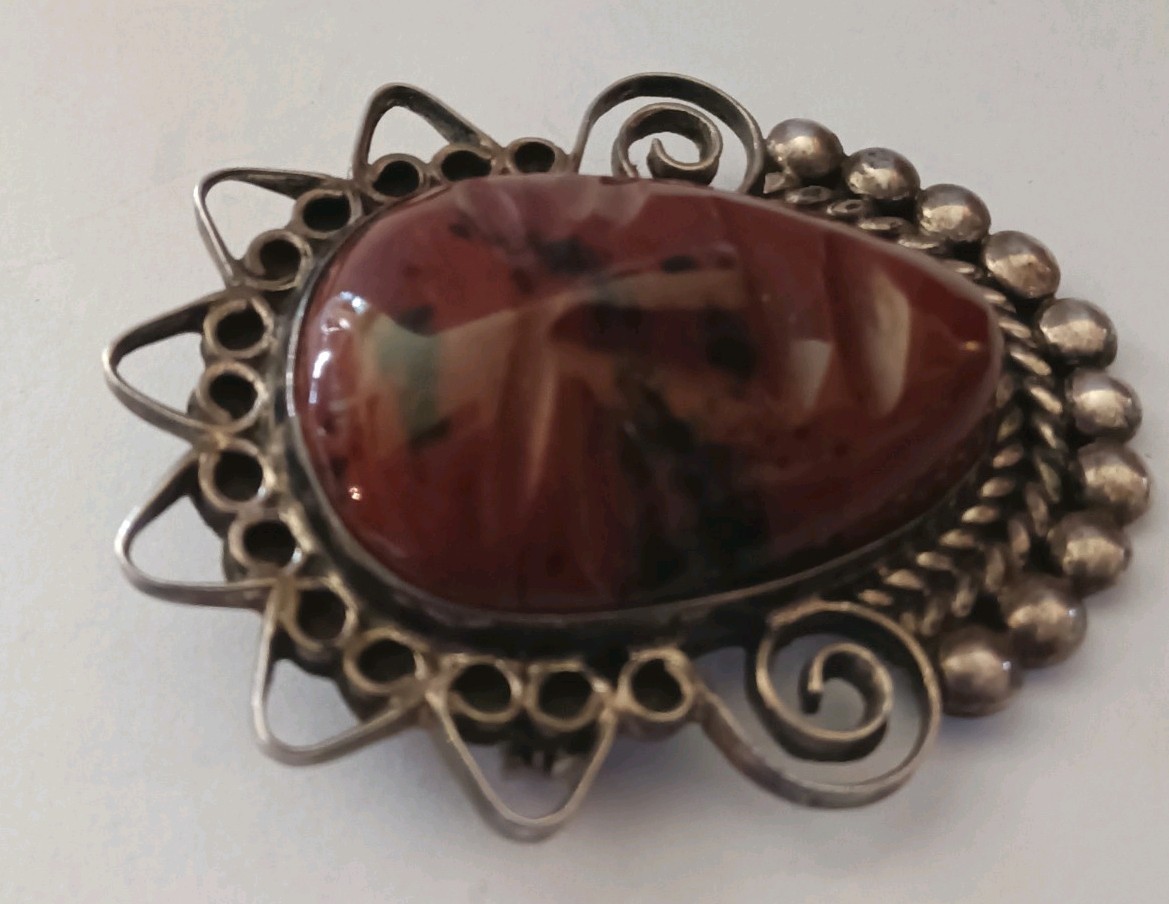 Vintage Mexican Aztec Face Mahogany Obsidian Brooch Pendant Sterling Marked