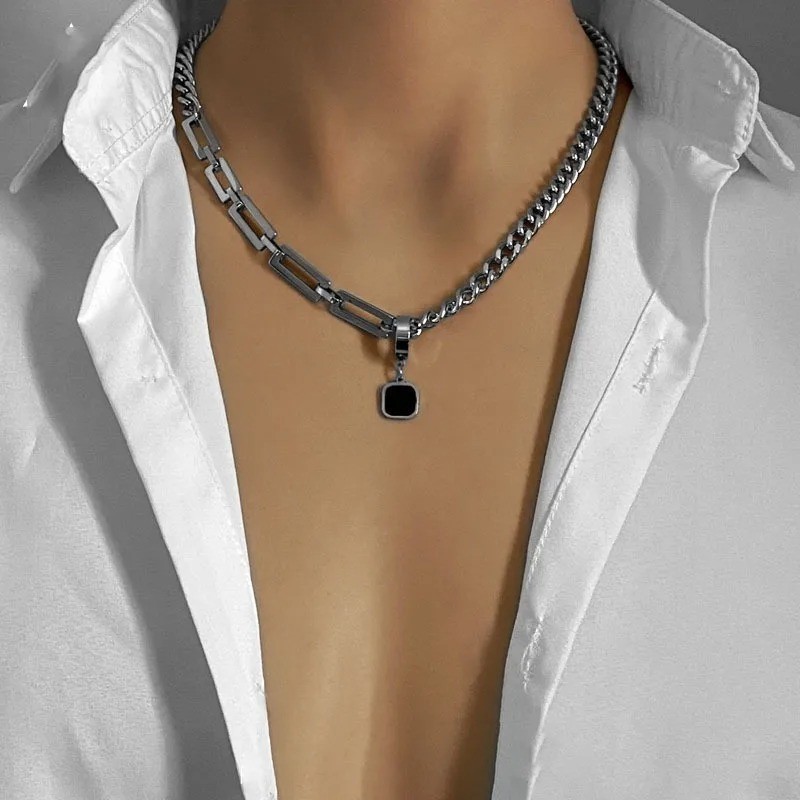316L Stainless Steel Black Tag Pendant Necklace Curb Paperclip Chain