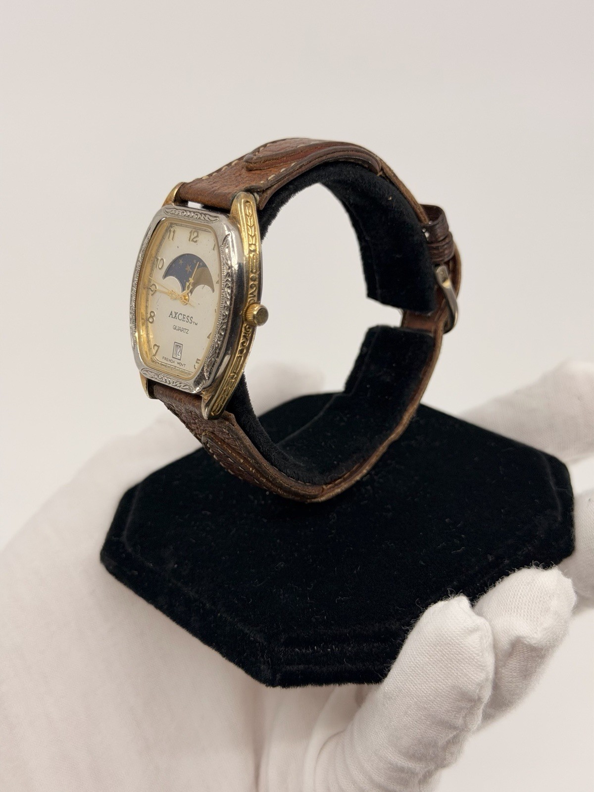 Vintage AXCESS Moon Phase Quartz Watch French Movt Date Western Leather Band