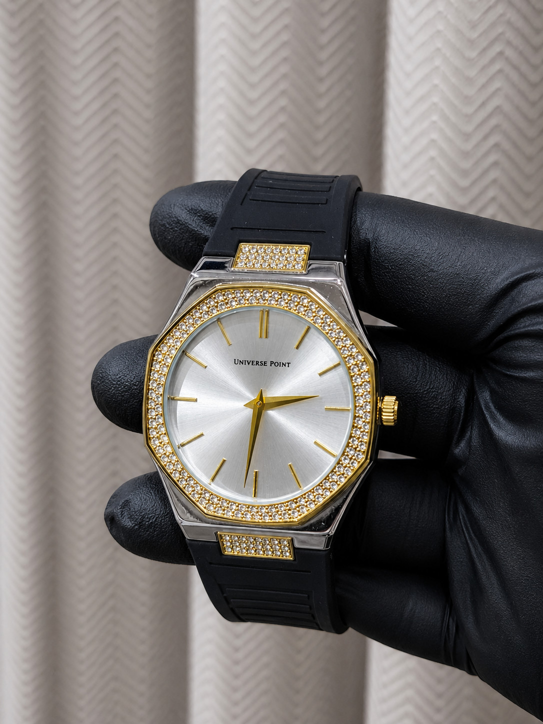 Men’s Diamond Style Silver Tone Watch Black Rubber Strap Quartz Analog
