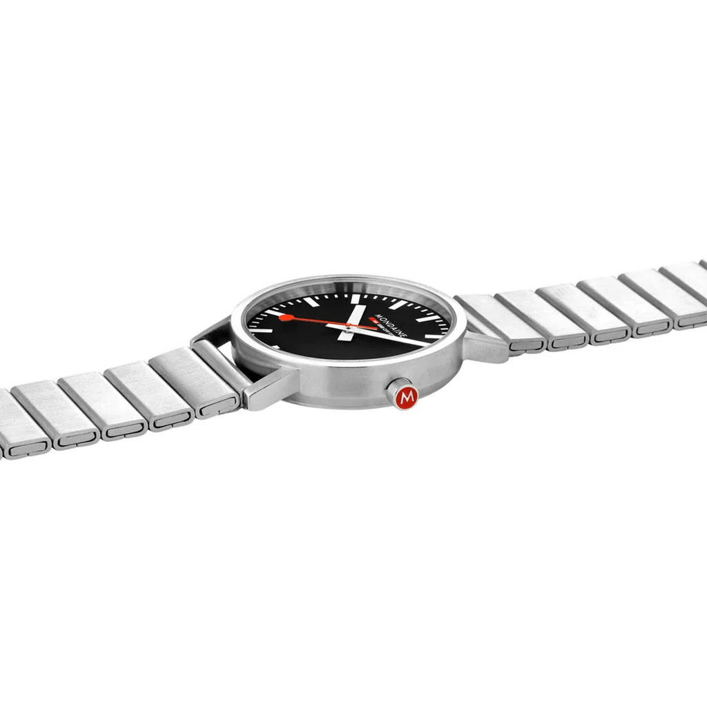 Mondaine Classic 36mm Black Dial Silver Bracelet Official Swiss Railways Watch