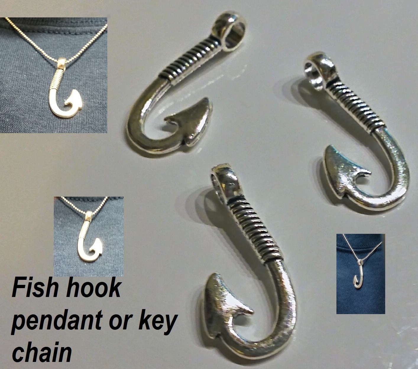 Fishhook fish Hook fishing Pendant key chain Antique Silver Tone no chain ()
