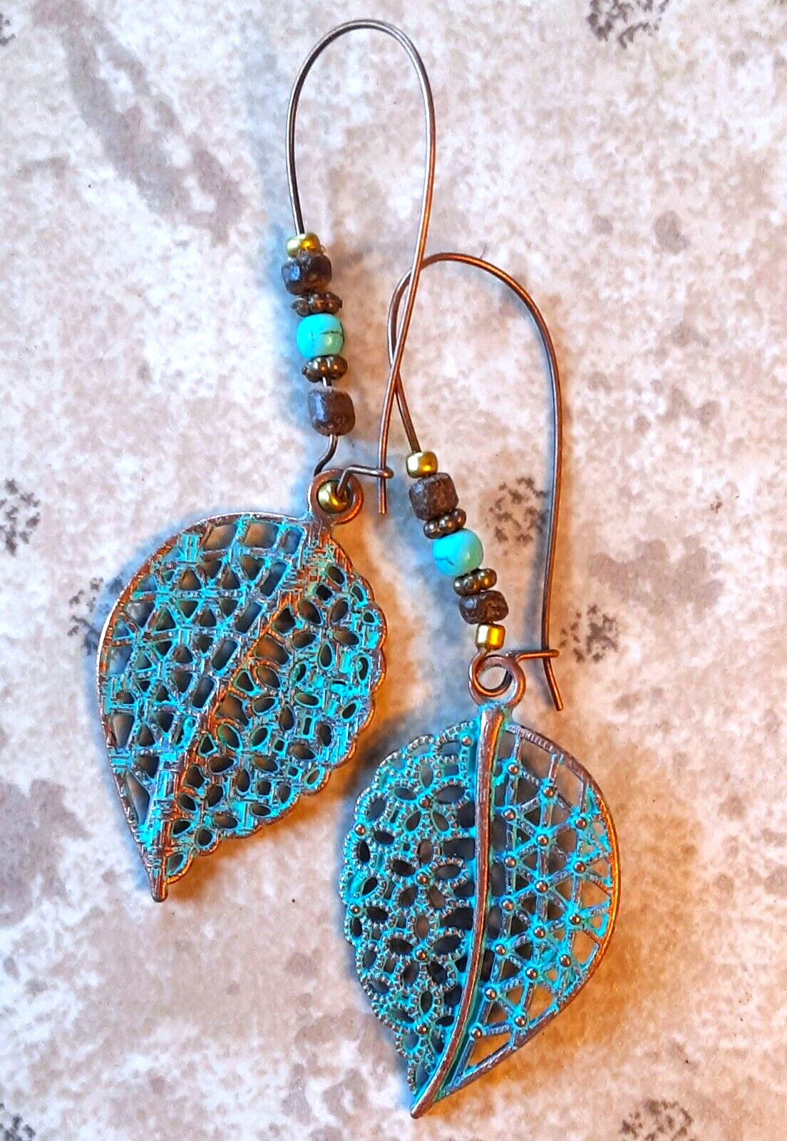 COPPER & TURQUOISE color LARGE LEAF KIDNEY WIRE earring SPB7