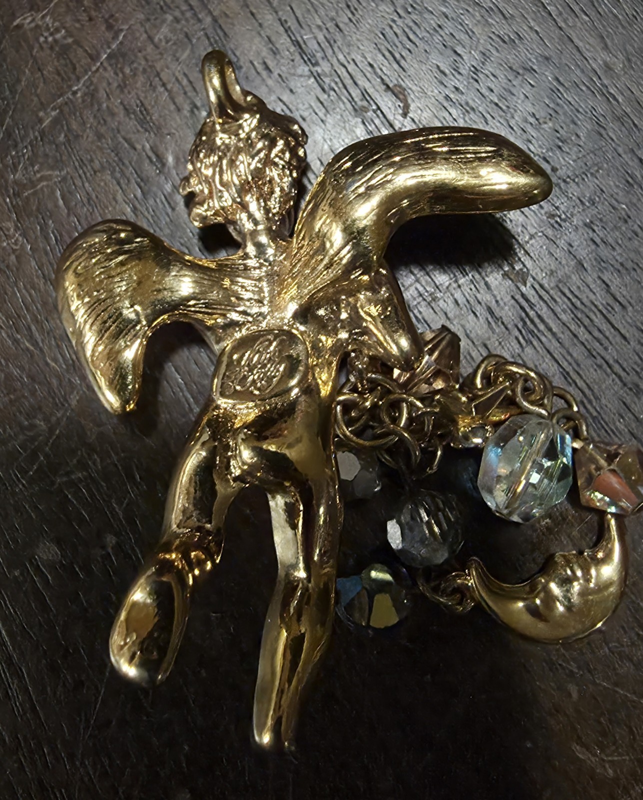 Vintage Kirks Folly Celestial Cherub Angel Brooch Pendant Moon Crystal Dangles
