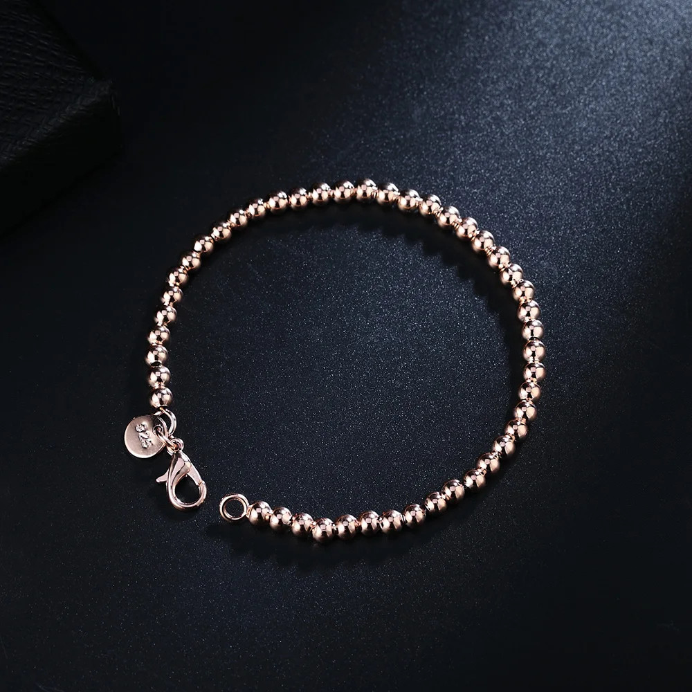 2PCS Hot 925 Sterling Solid Silver Jewelry 4MM Solid Beads Bracelet For Women
