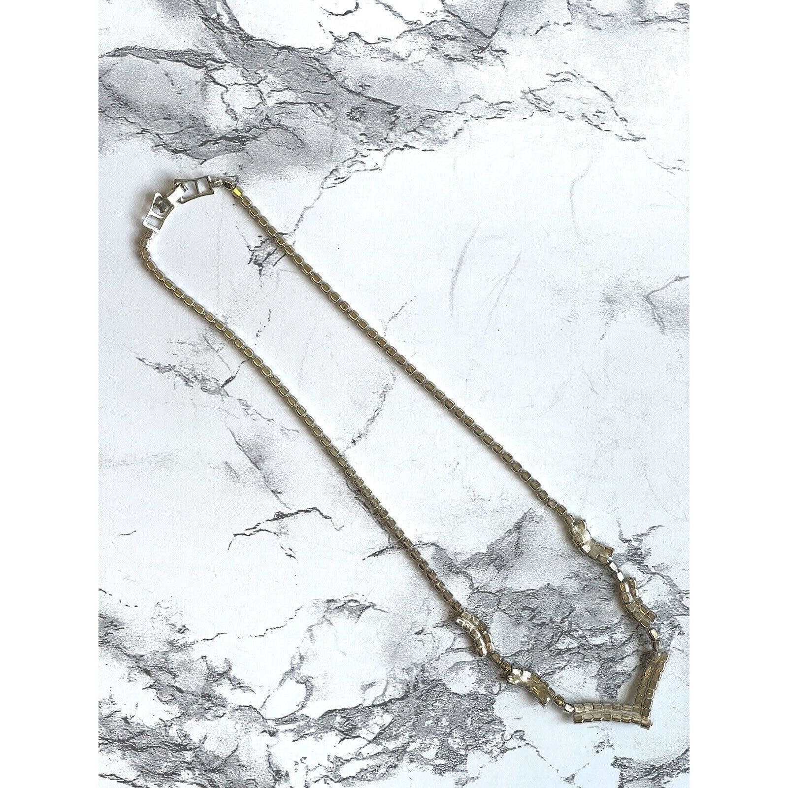 Vintage Chevron Rhinestone Silver Tone Necklace Blingy Choker Fold-Over Clasp