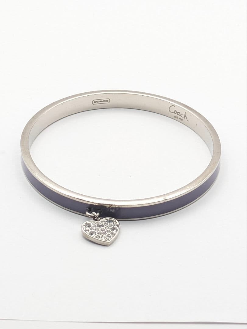 COACH Purple Enamel Heart Charm Rhinestone Silver Bangle Bracelet Signed