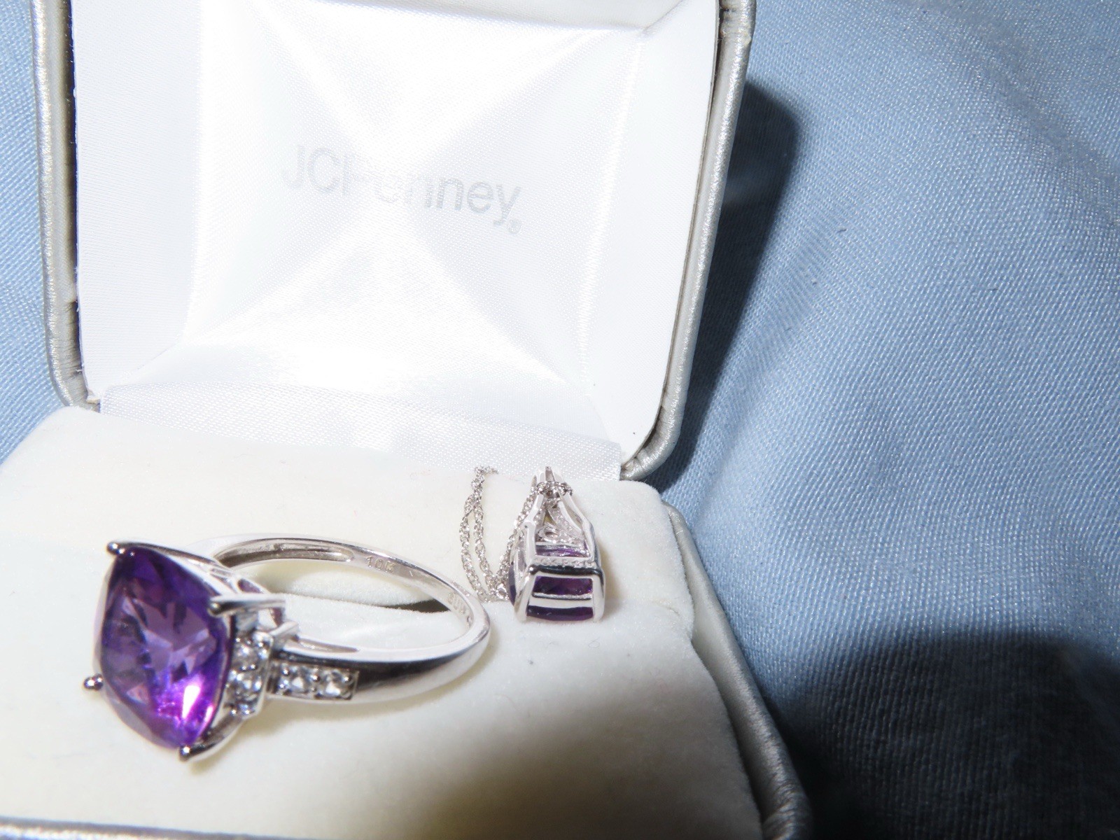 JCPenney 1Ok White Gold Amethyst & Diamond Necklace and Ring Size 7