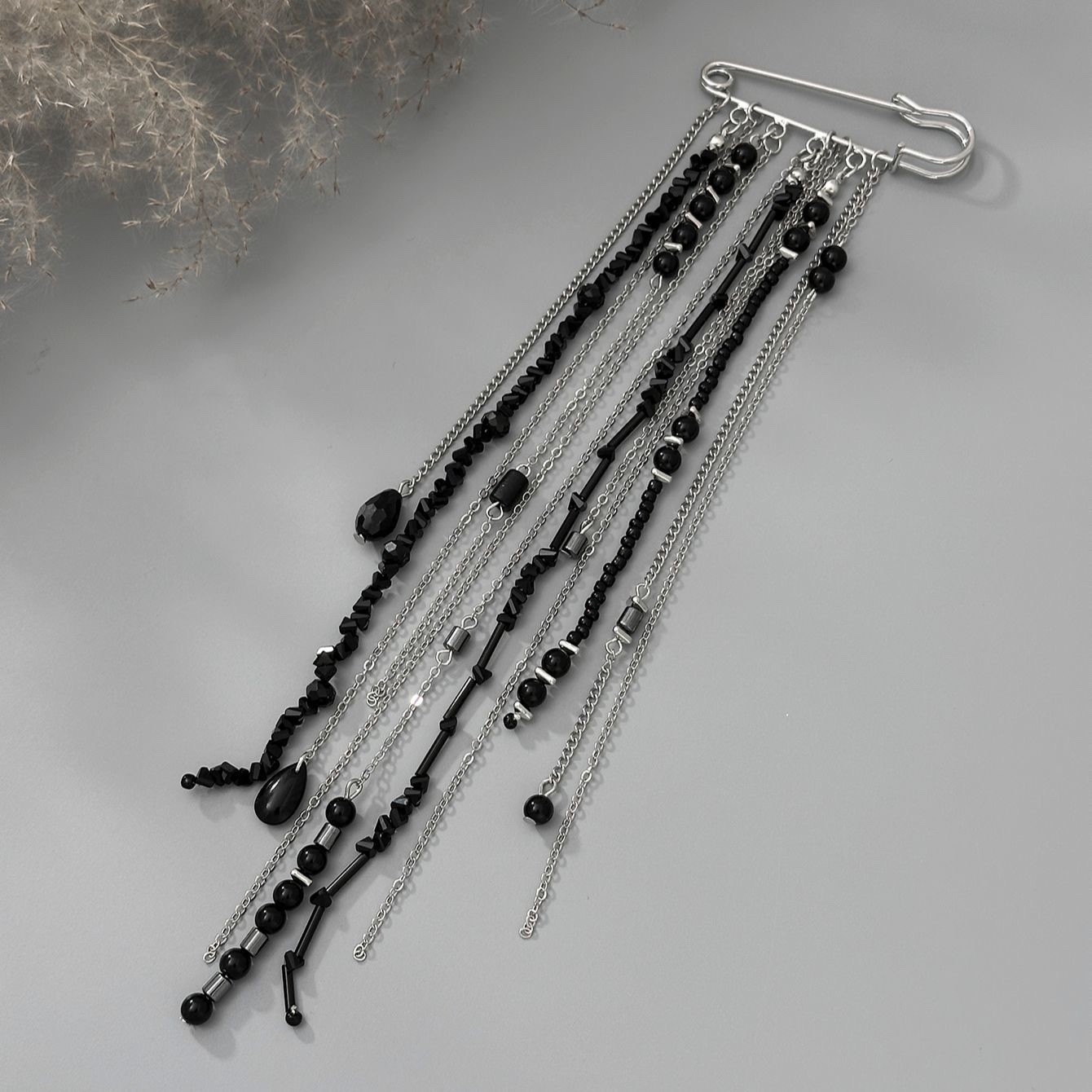 Statement Brooch Pin Black Beaded Tassel Jacket Lapel Fashion Jewelry Gift For H
