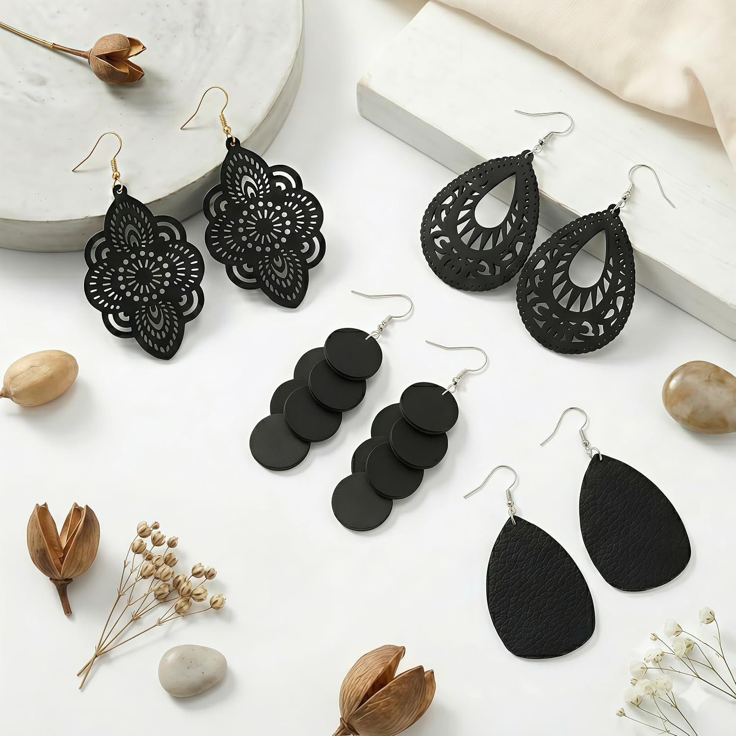 Boho Wood Dangle Earrings for Women, Lightweight Laser Cut Hollow Geometric Drop