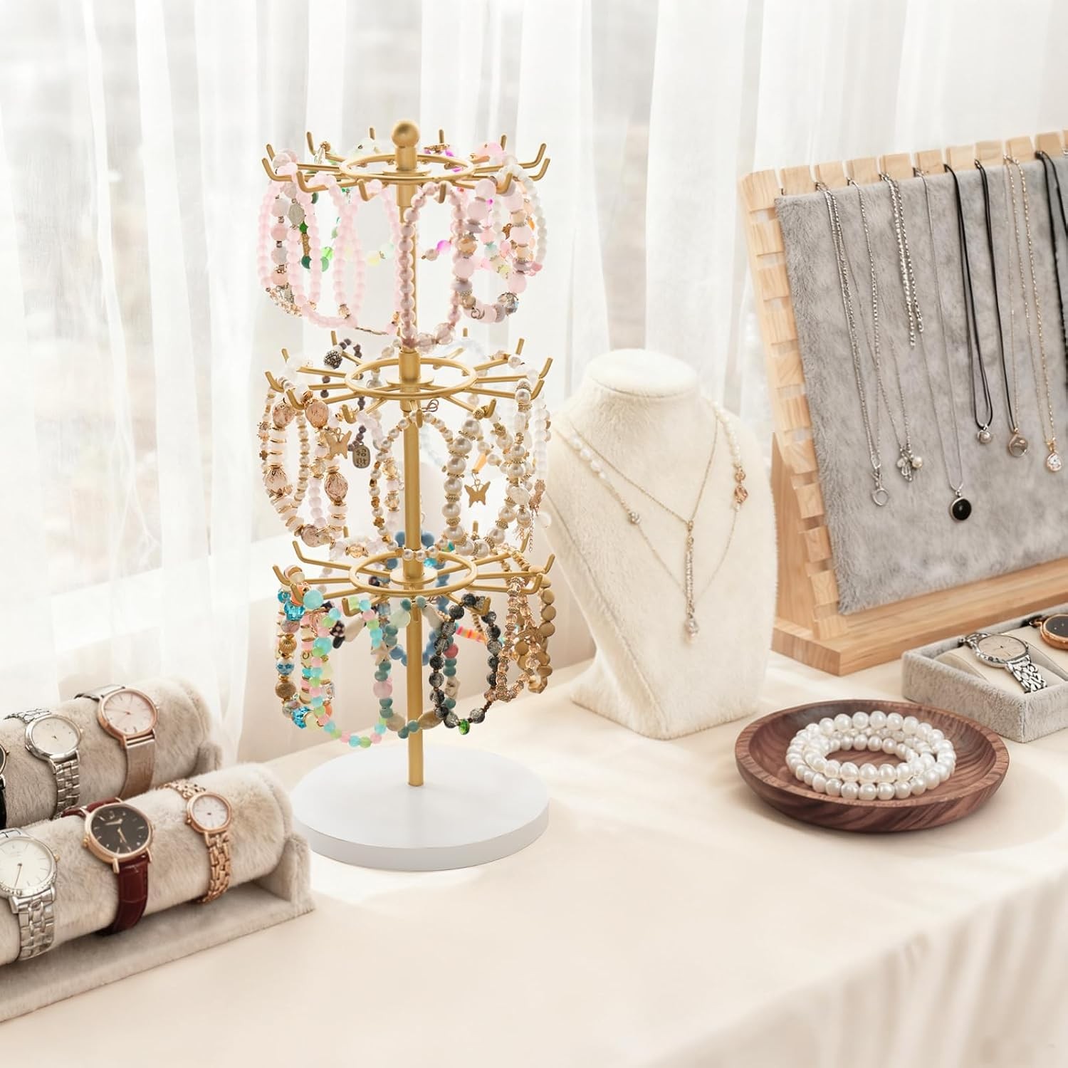 Gold Rotating Bracelet Stand 3 Tier 36 Hooks Wood Base, Jewelry Display Tower