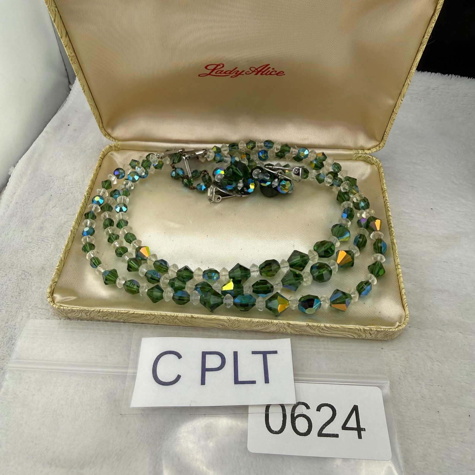 Vintage Lady Alice Jewelry Set Green AB Crystal 3-Strand Necklace Earrings Box