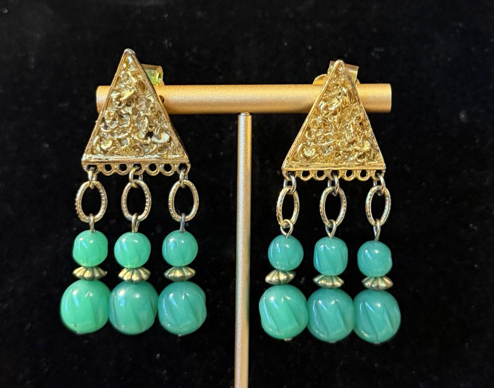 Vintage Hobe Carved Glass Chandelier Goldtone Etruscan Revival Earrings Clip