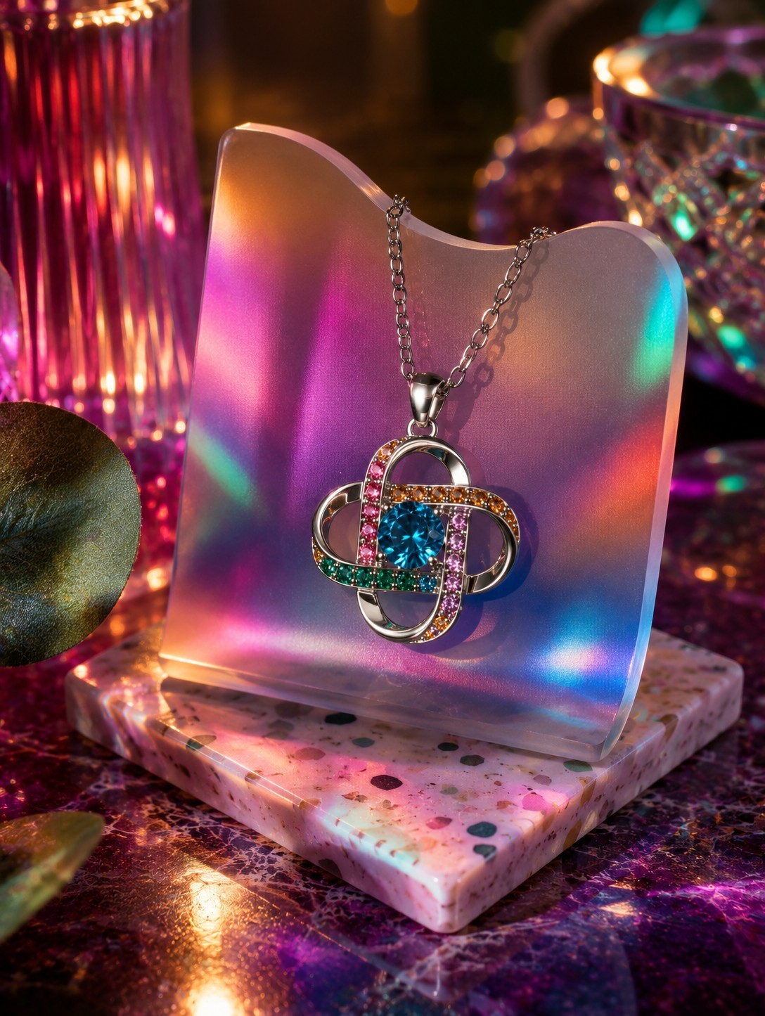 Women’s Infinity Knot Pendant Necklace Mint Green Crystal Multicolor CZ Stones