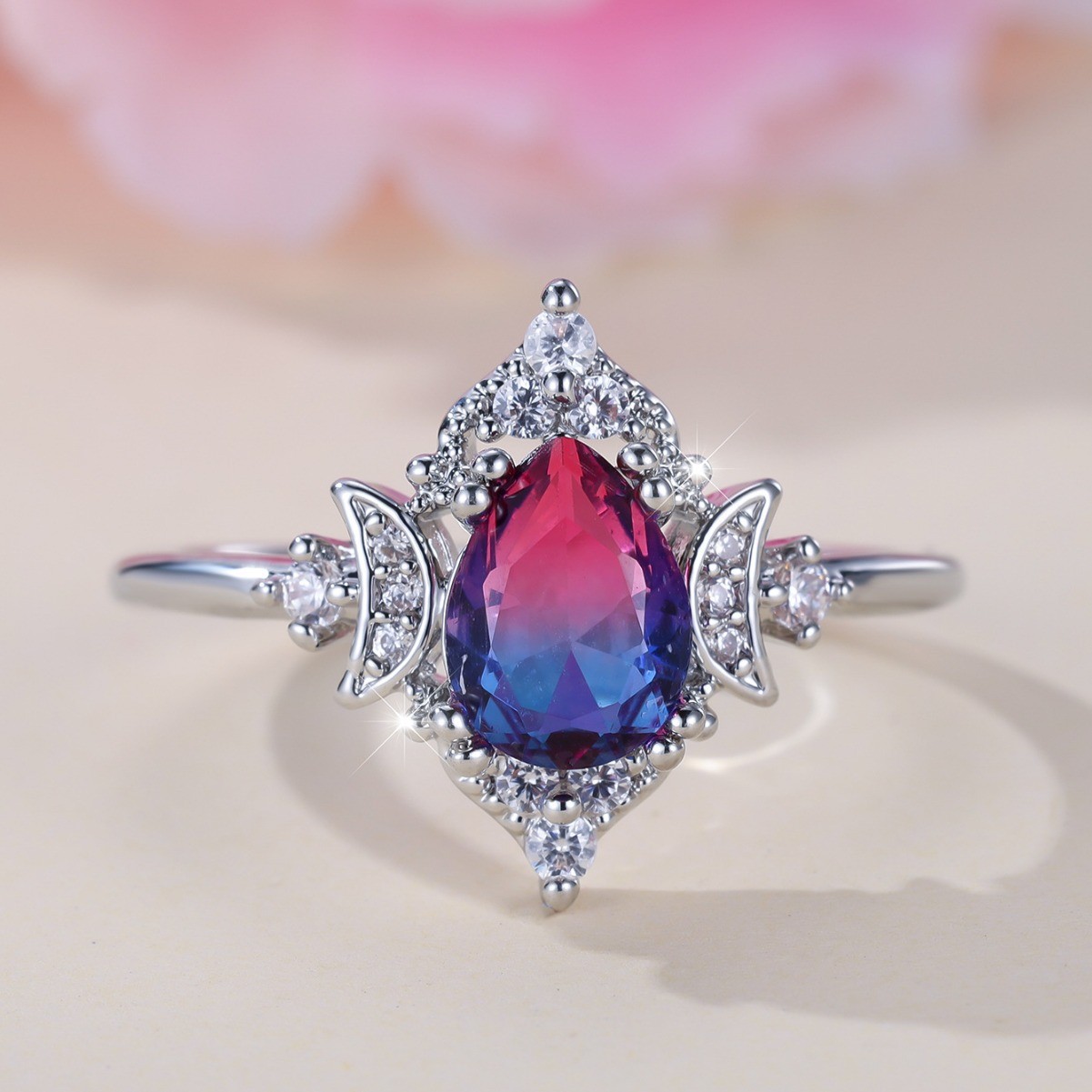 Gradient Rose Blue Tourmaline Crown Ring – Women’s Fashion Personality Jewelry |