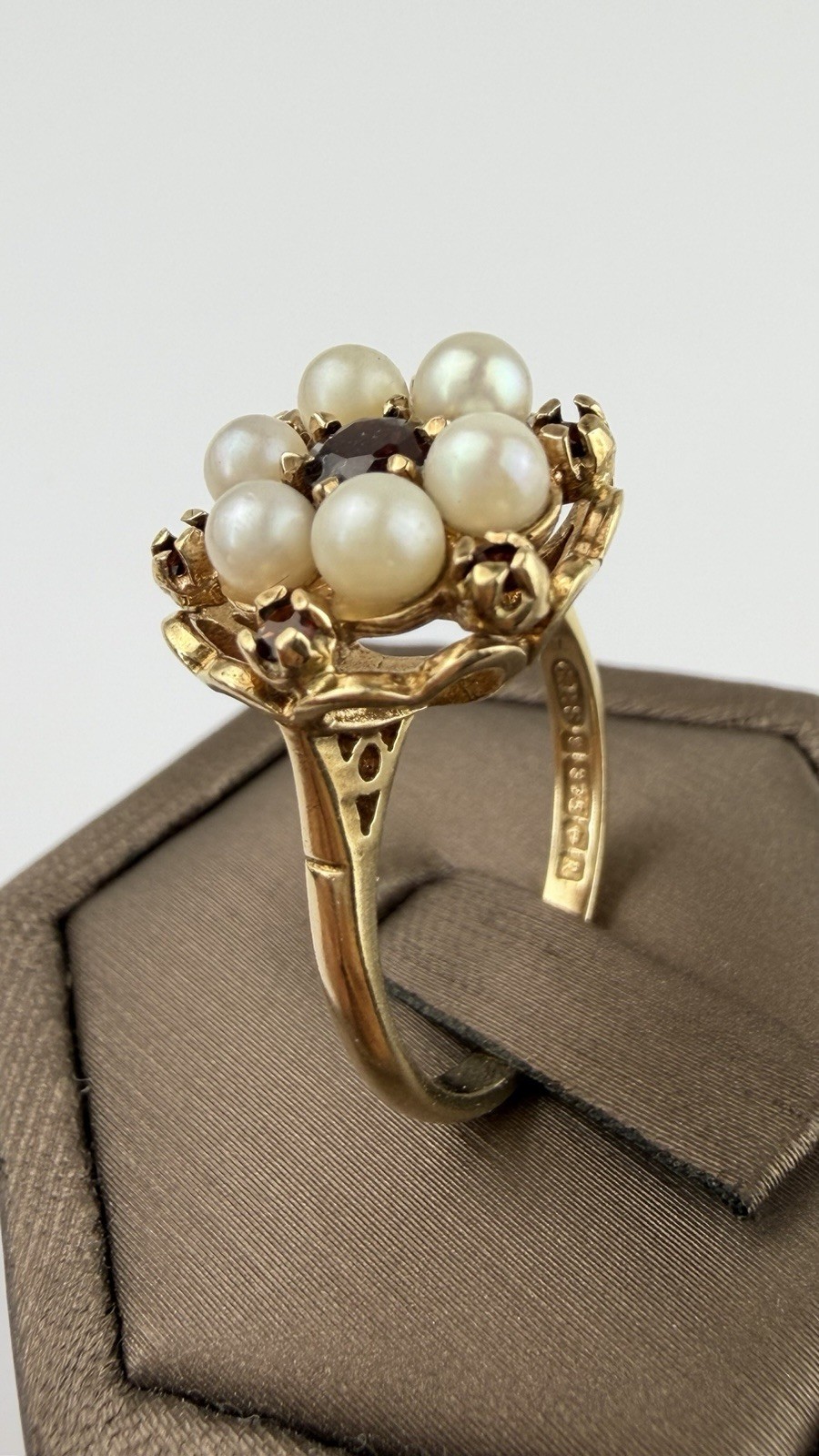 Pearl And Garnet 9ct Gold Ring , Vintage And Hallmarked Yellow Gold
