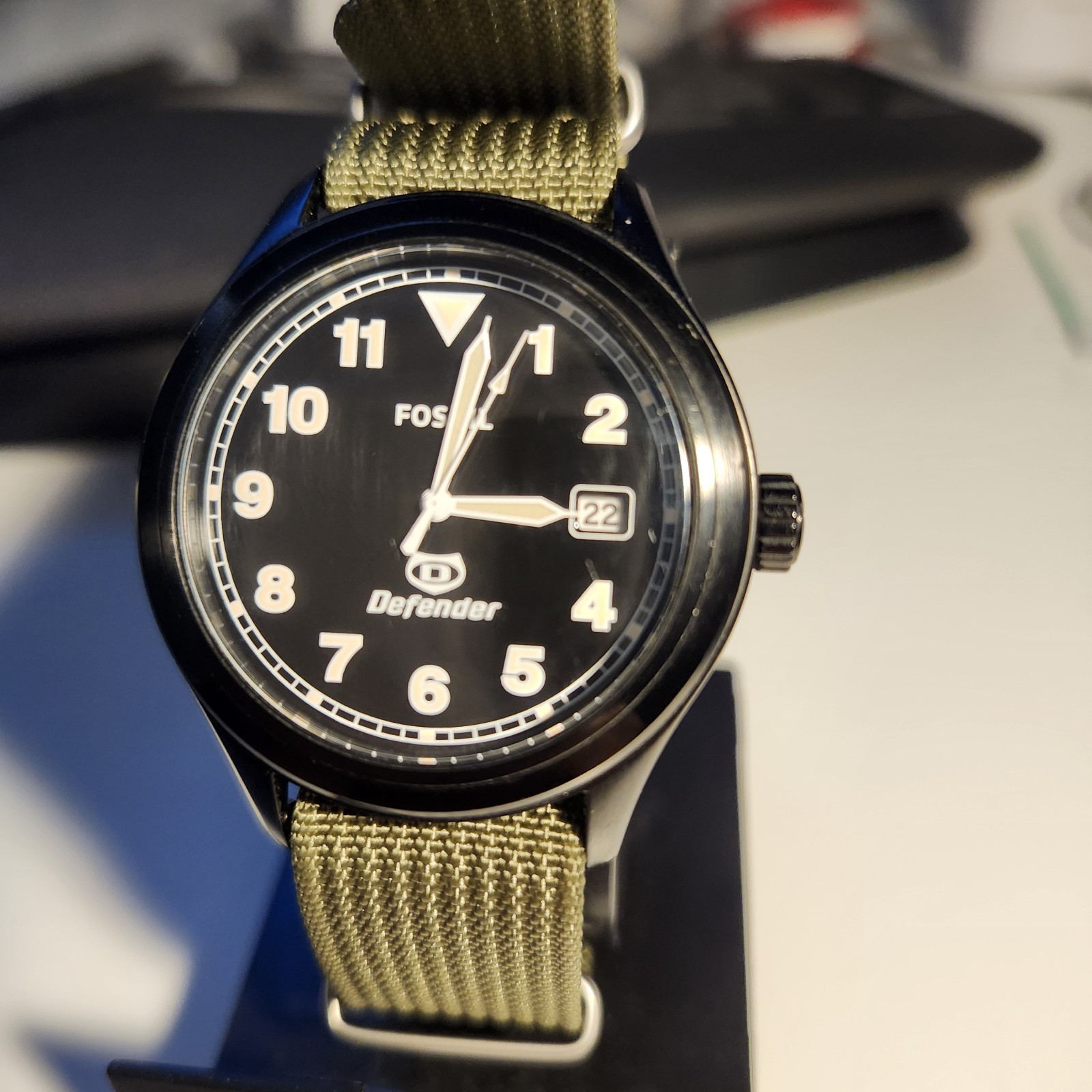 Fossil Defender Black Dial Field Watch with Olive Nylon Strap